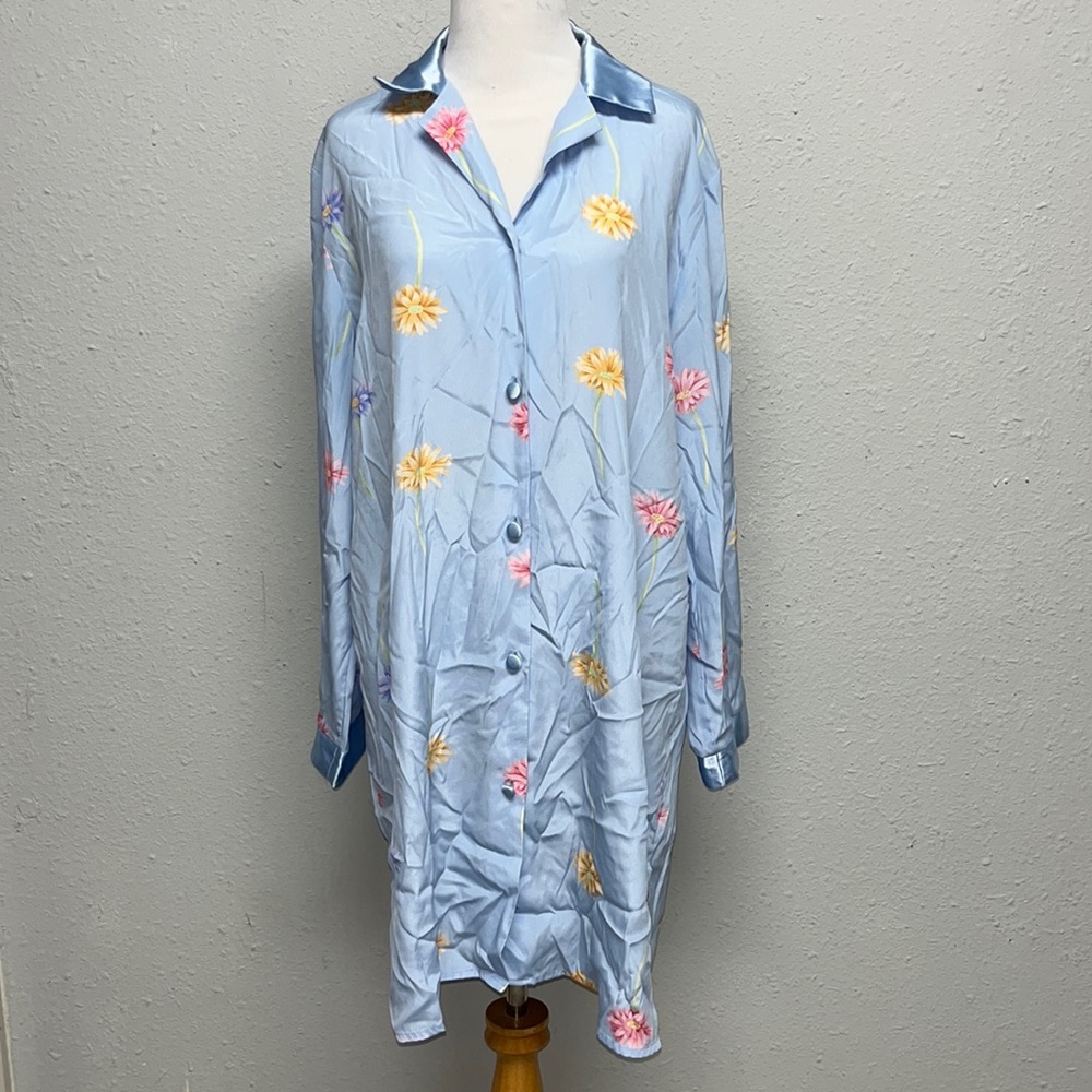 Vintage? Floral Satin Trim Nightshirt Nightgown Fits S/M